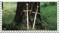 two swrods stabbed into grass near tree trunk