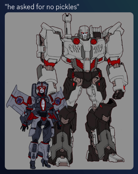 a height comparison of Kestrel and Megatron, showing that she doesn't quite come up to his waist, captioned 'he asked for no pickles'.