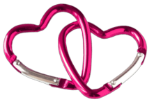 two heart-shaped pink carabiners, intertwined